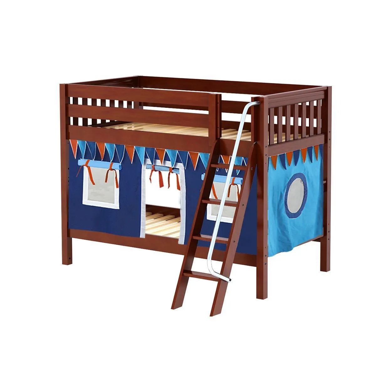 Maxtrix Twin Low Bunk Bed with Angled Ladder   Curtain