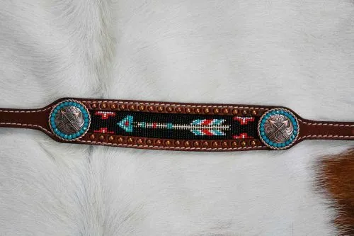 Medium leather wither strap with arrow beaded inlay