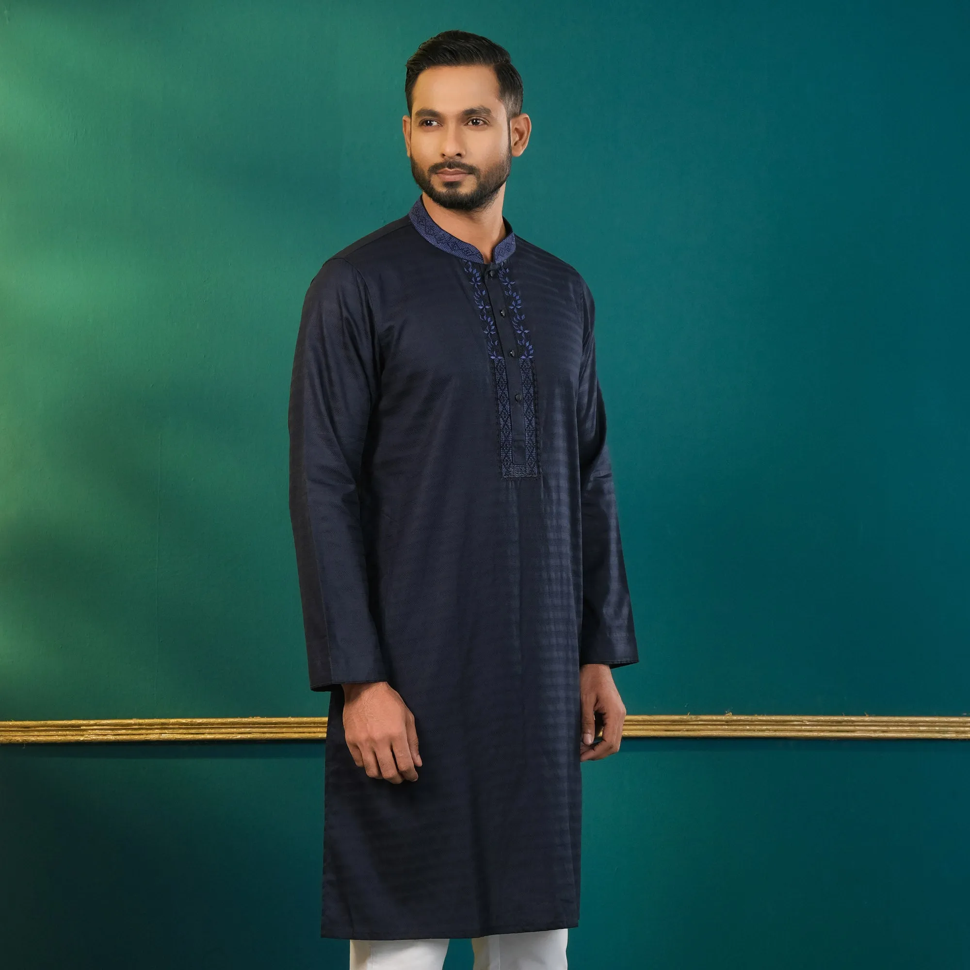 Mens Navy Blue Embroidered Panjabi