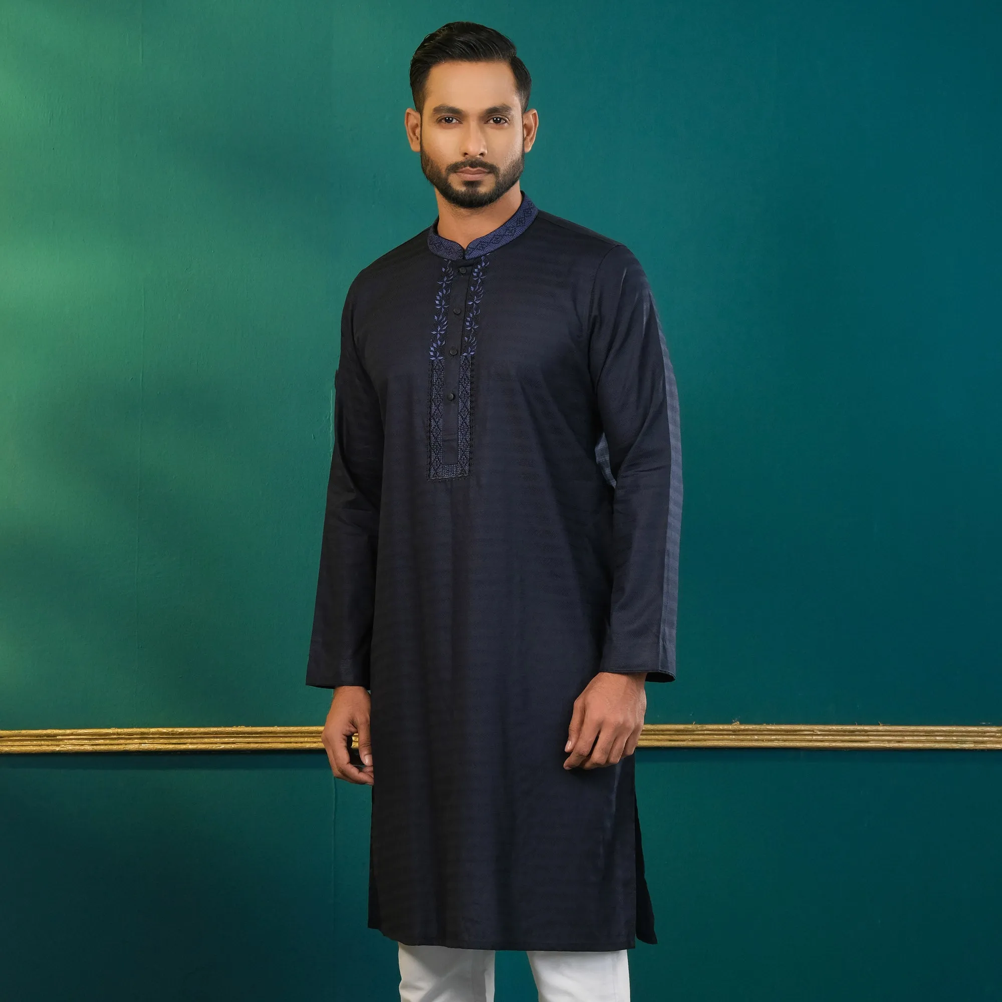 Mens Navy Blue Embroidered Panjabi