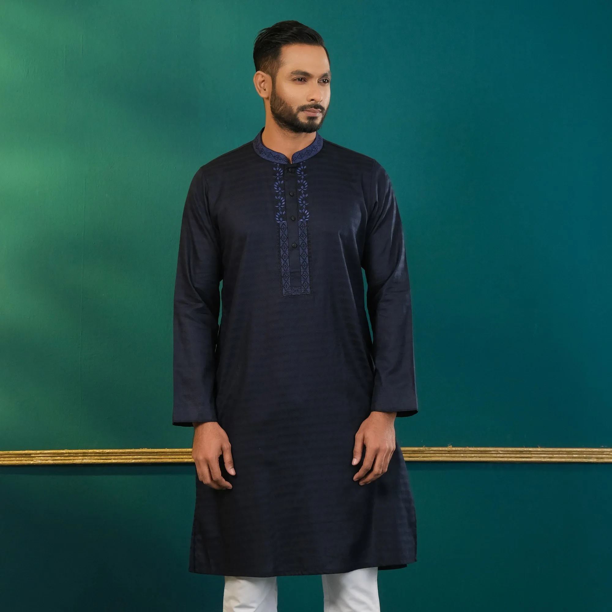 Mens Navy Blue Embroidered Panjabi