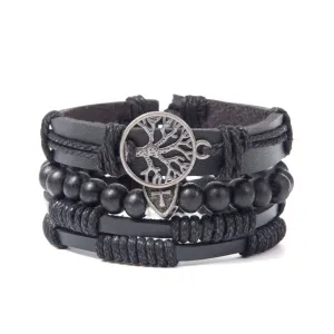 Men’s Retro Tree of Life Leather Bracelet Set – Four-Piece Multi-Layer Braided Wristband – Lucky Charm Jewelry