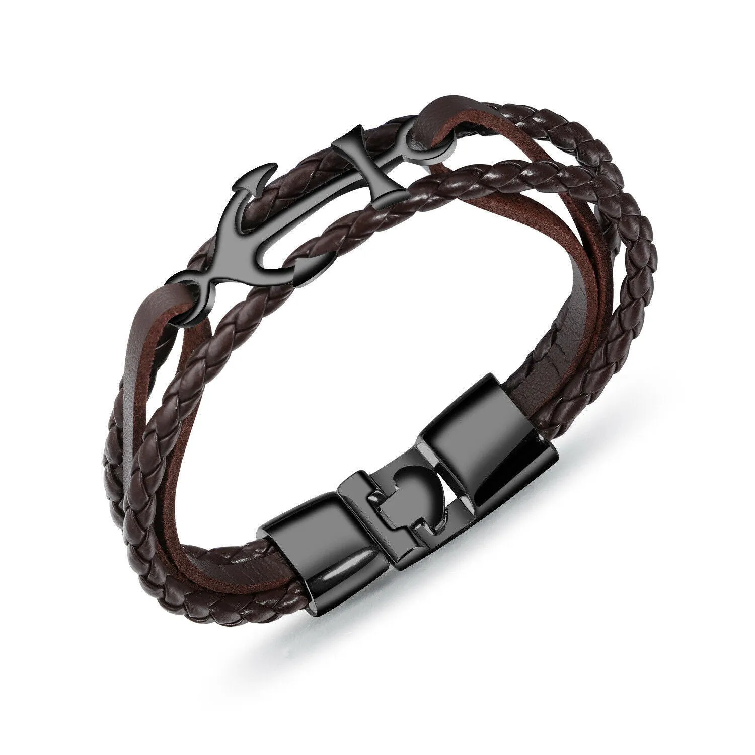 Men's Stainless Steel Anchor Leather Multi-Strap Bracelet