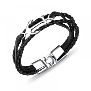 Men's Stainless Steel Anchor Leather Multi-Strap Bracelet