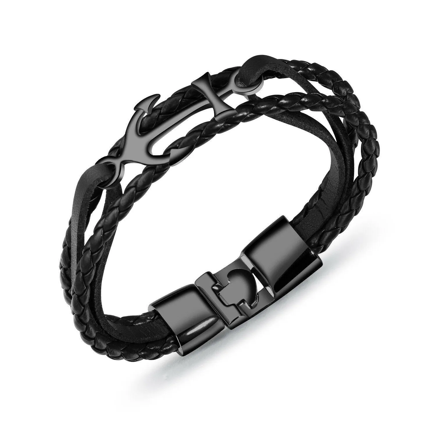 Men's Stainless Steel Anchor Leather Multi-Strap Bracelet