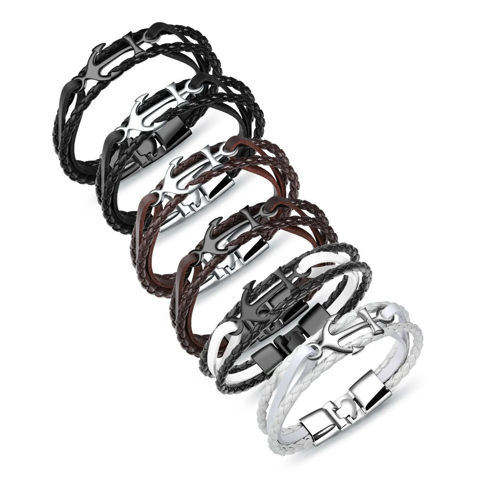 Men's Stainless Steel Anchor Leather Multi-Strap Bracelet