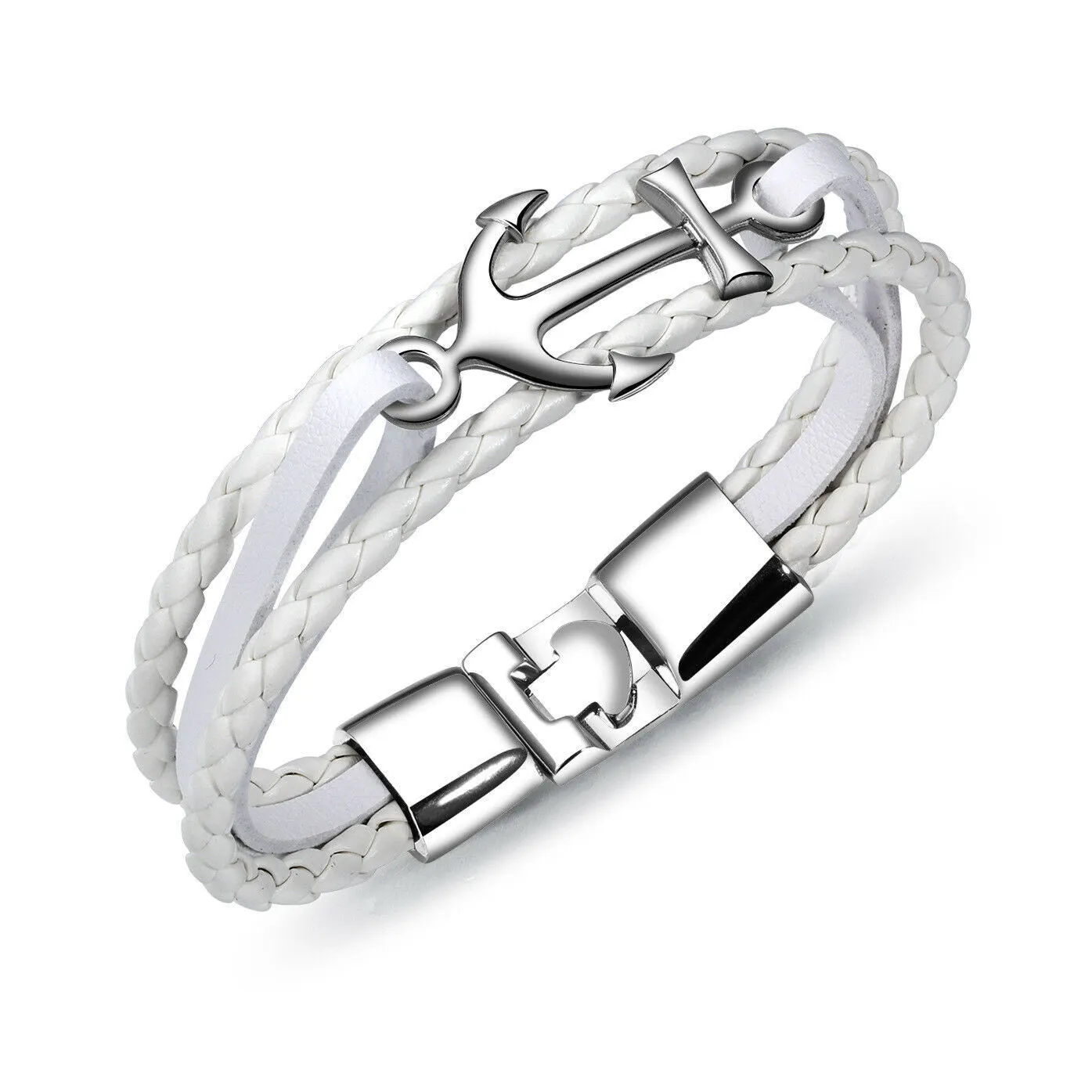 Men's Stainless Steel Anchor Leather Multi-Strap Bracelet