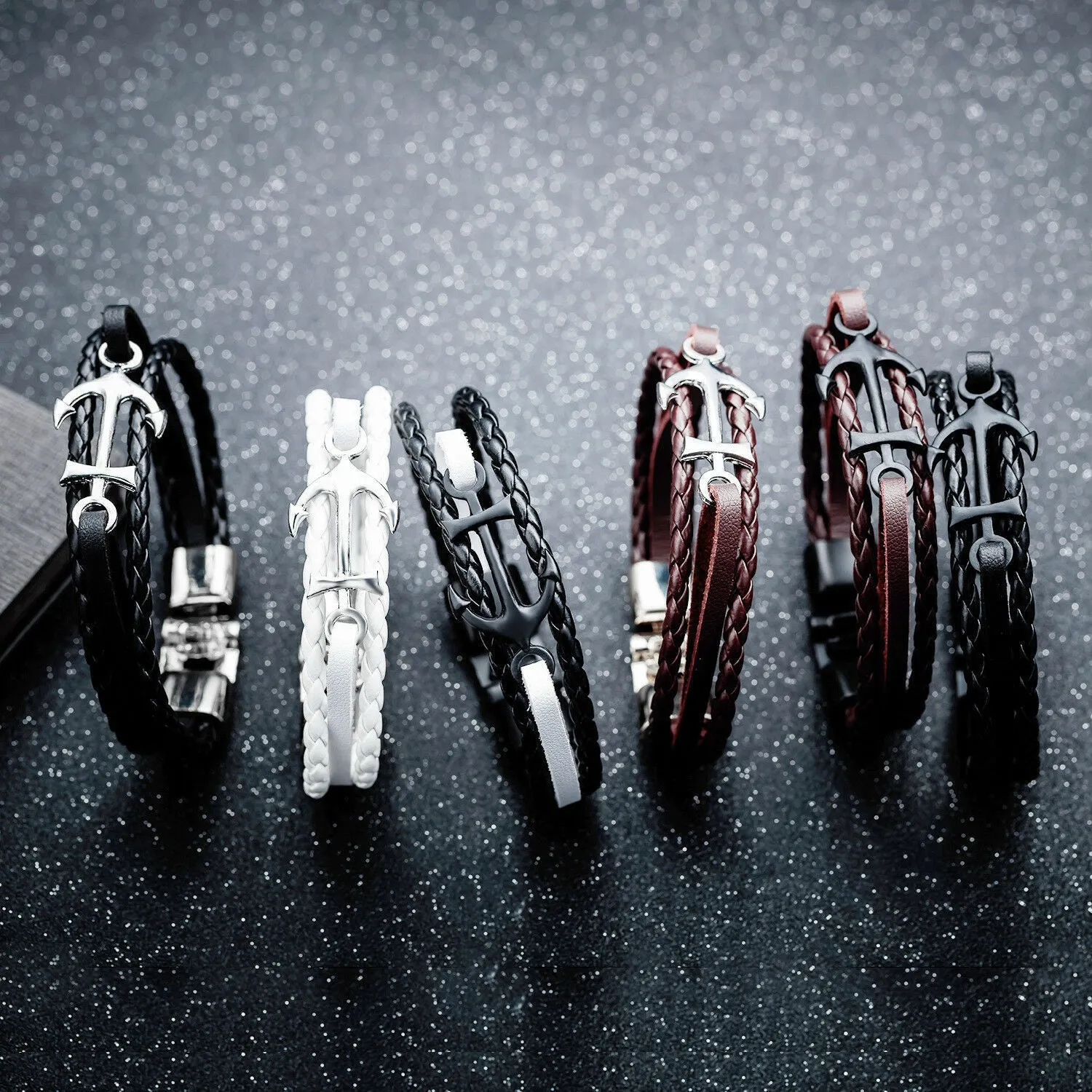 Men's Stainless Steel Anchor Leather Multi-Strap Bracelet