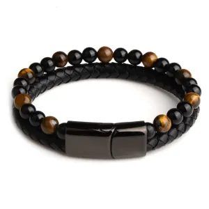Natural Stone Genuine Leather and Tiger Eye Beaded Bracelet