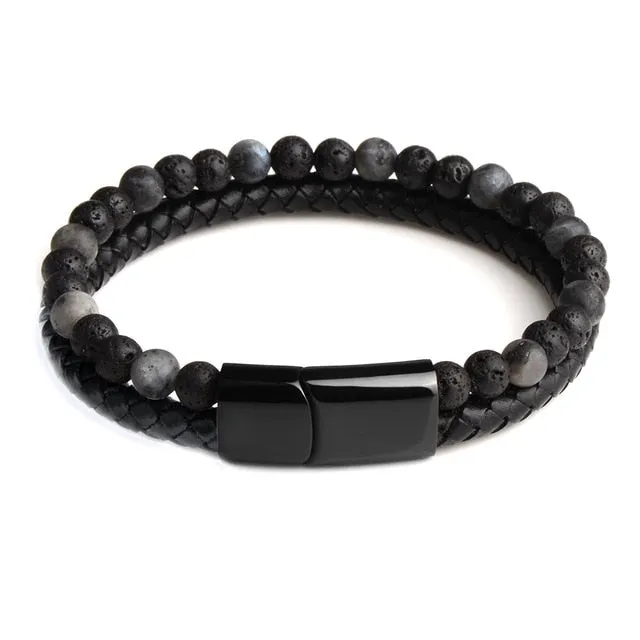 Natural Stone Genuine Leather and Tiger Eye Beaded Bracelet