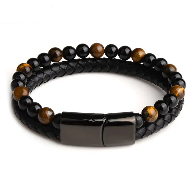 Natural Stone Genuine Leather and Tiger Eye Beaded Bracelet