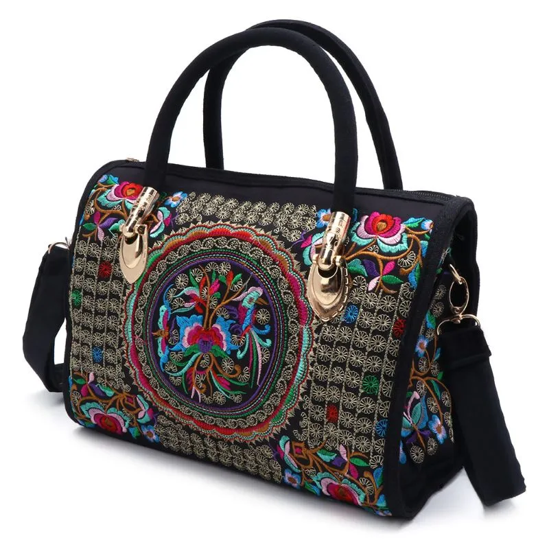 New Arrive Women Floral Embroidered Handbag Ethnic Boho Canvas Shopping Tote Zipper Bag