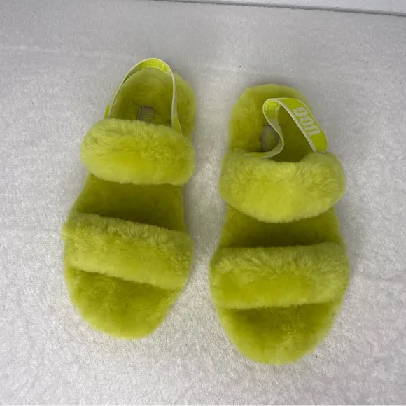 New UGG Oh Yeah Fluffy Slide Slipper in Neon Yellow / Green size 3