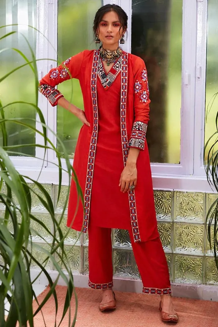 ORANGE EMBROIDERED OPEN JACKET WITH INNER AND PANTS