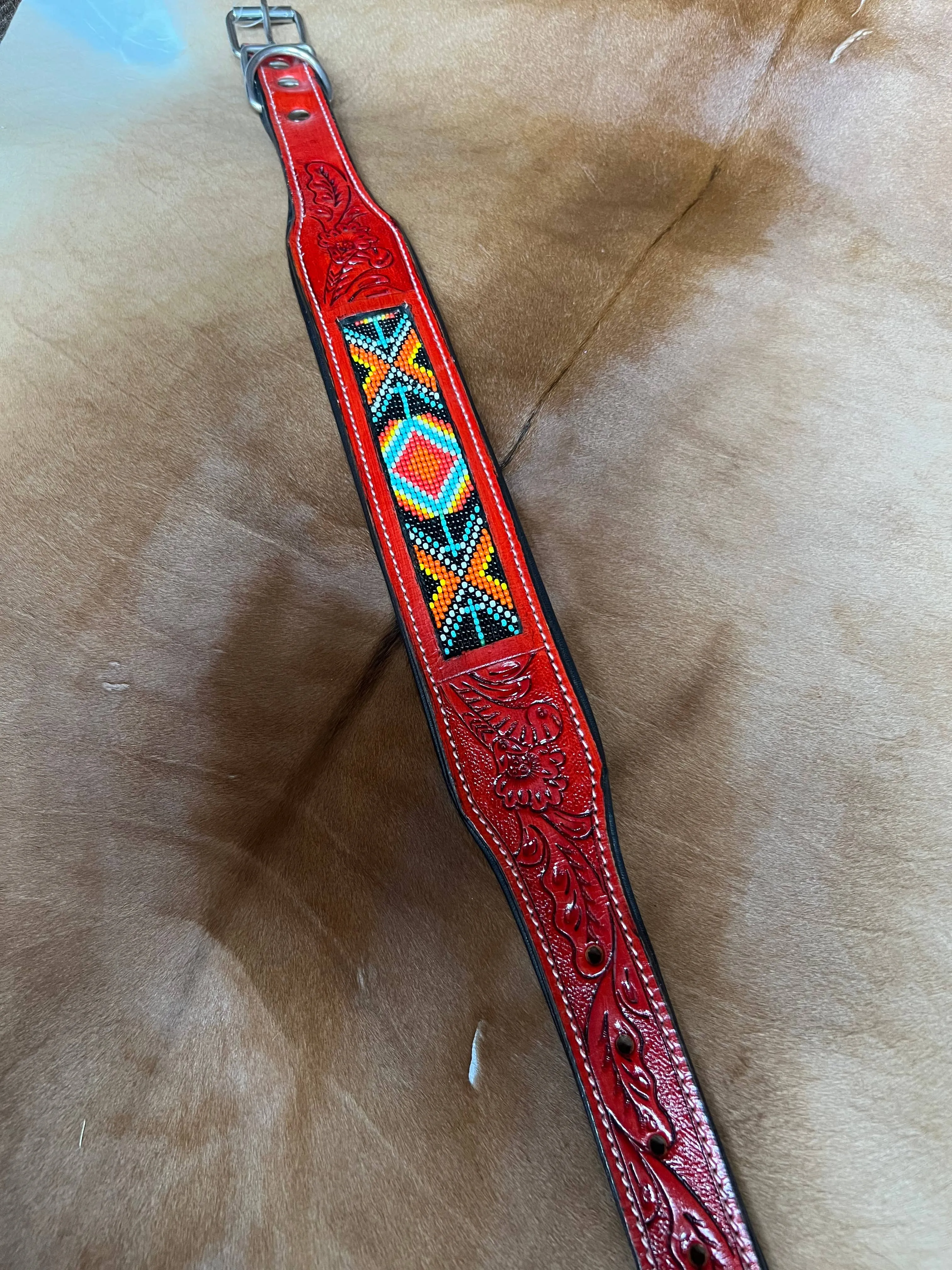 Oxblood Red Leather Tooled Beaded Dog Collar