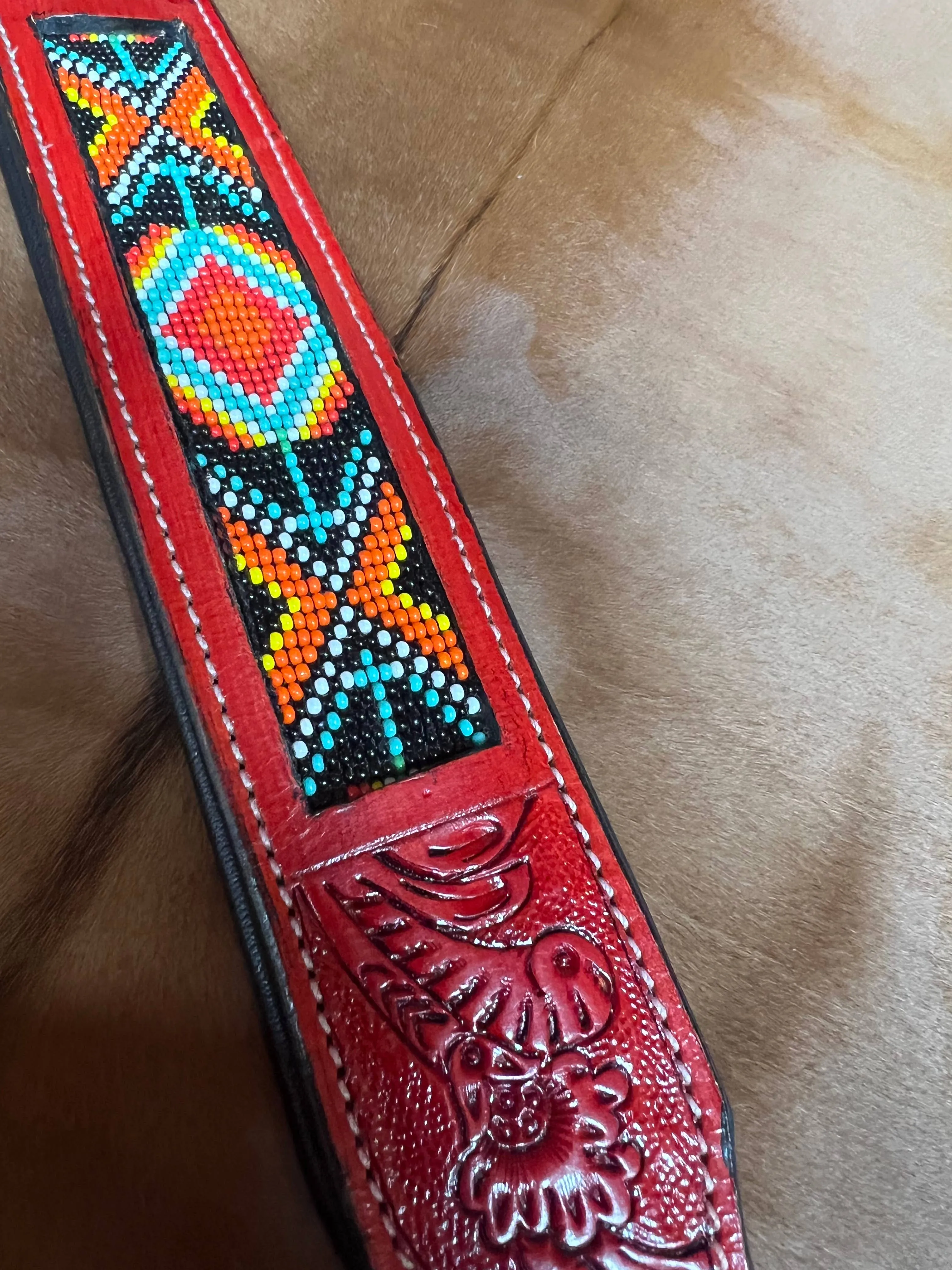 Oxblood Red Leather Tooled Beaded Dog Collar