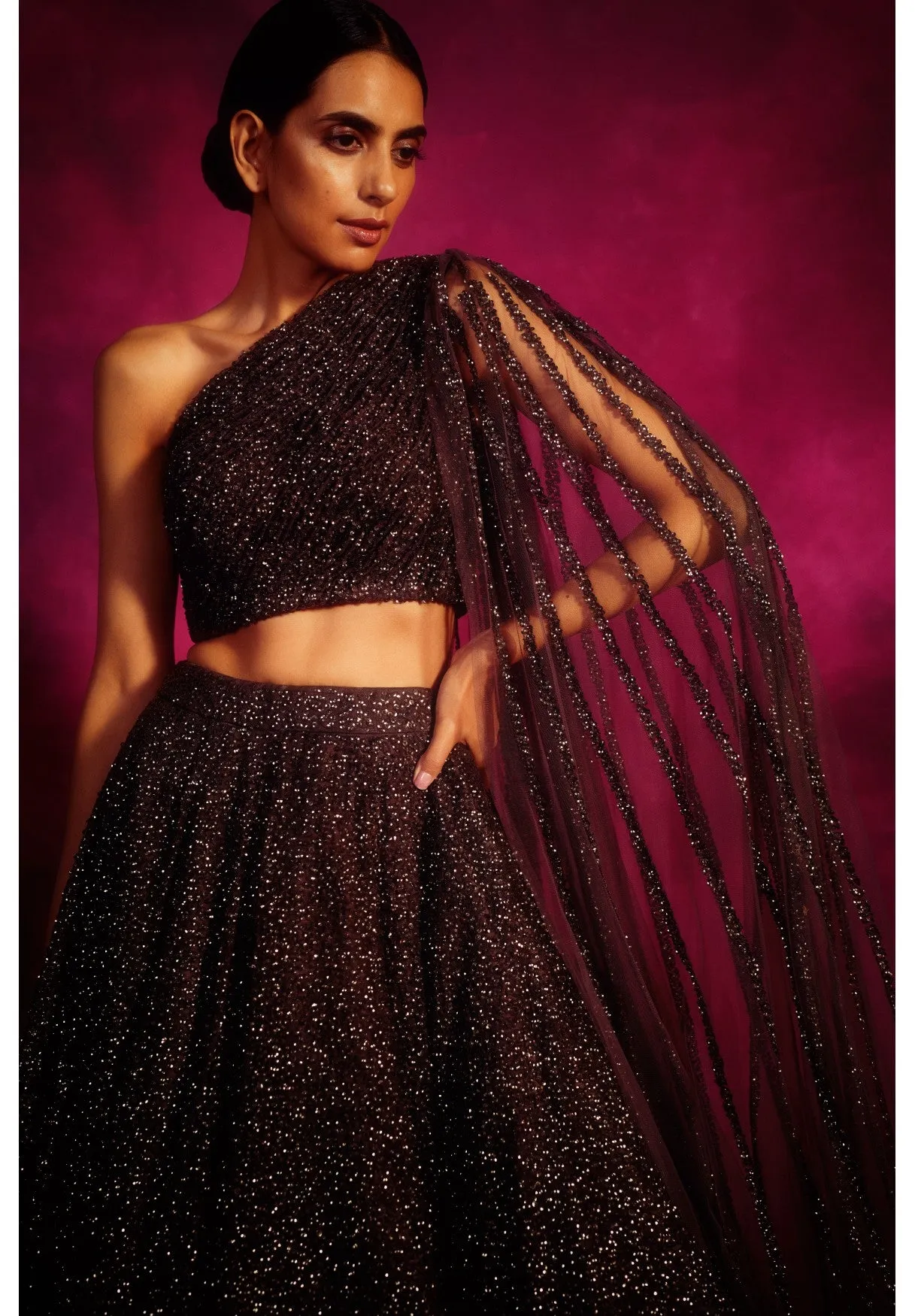 Oxidised Silver One Shoulder Veil Lehenga Set