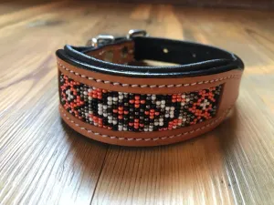 Padded Leather Dog Collar With Orange and Black Beaded Inlay