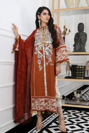 Pakistani embroidered slub outfit for casual wear in orange color # P2394