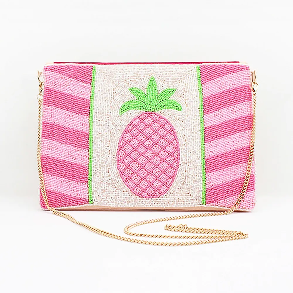 Pink And Silver Pineapple Hand Made Beaded Canvas Handbag S