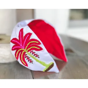 Pink Palm Tree Embroidered Seed Beaded Top Knot Headband S