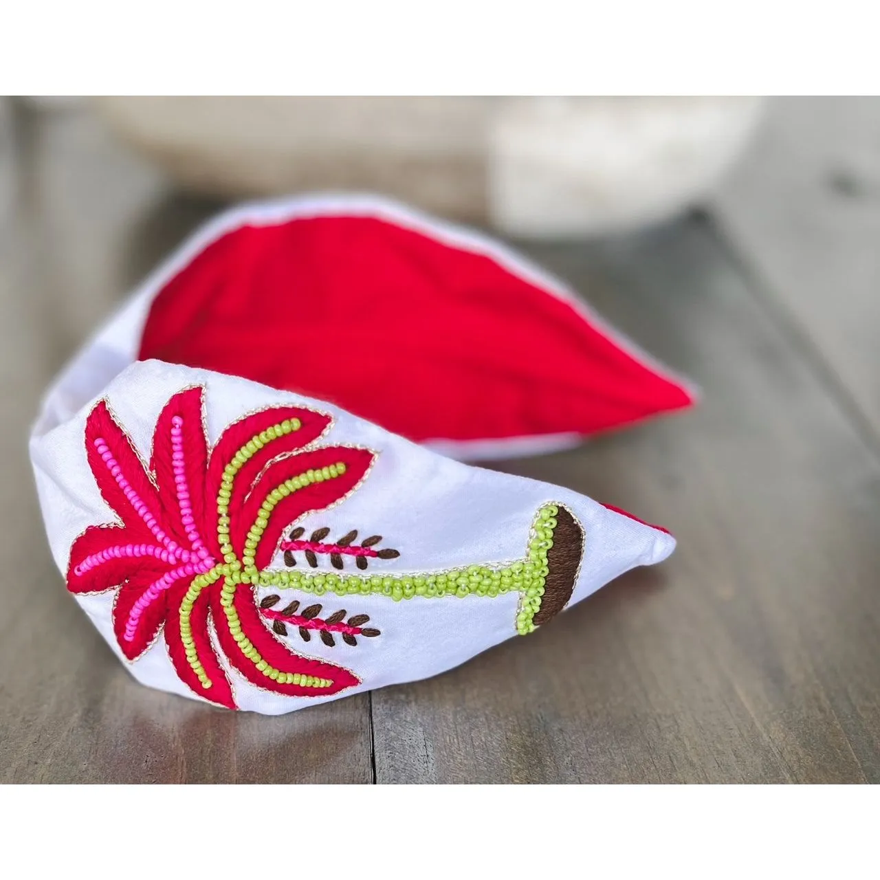 Pink Palm Tree Embroidered Seed Beaded Top Knot Headband S