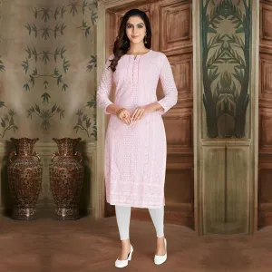 Pink Petals Embroidered Elegance  Stylish Straight Kurti