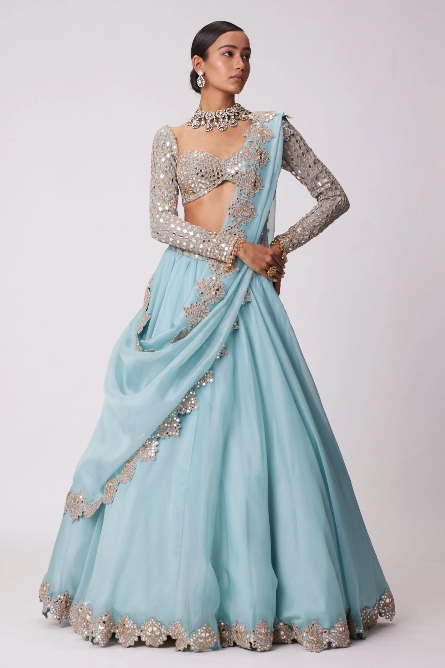 Powder Blue Organza Mirror Embroidered Lehenga Set