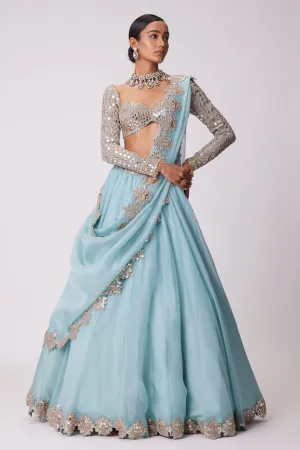 Powder Blue Organza Mirror Embroidered Lehenga Set