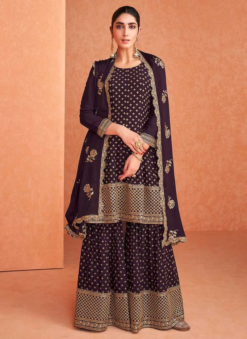 Purple and Gold Embroidered Sharara Style Suit