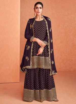 Purple and Gold Embroidered Sharara Style Suit