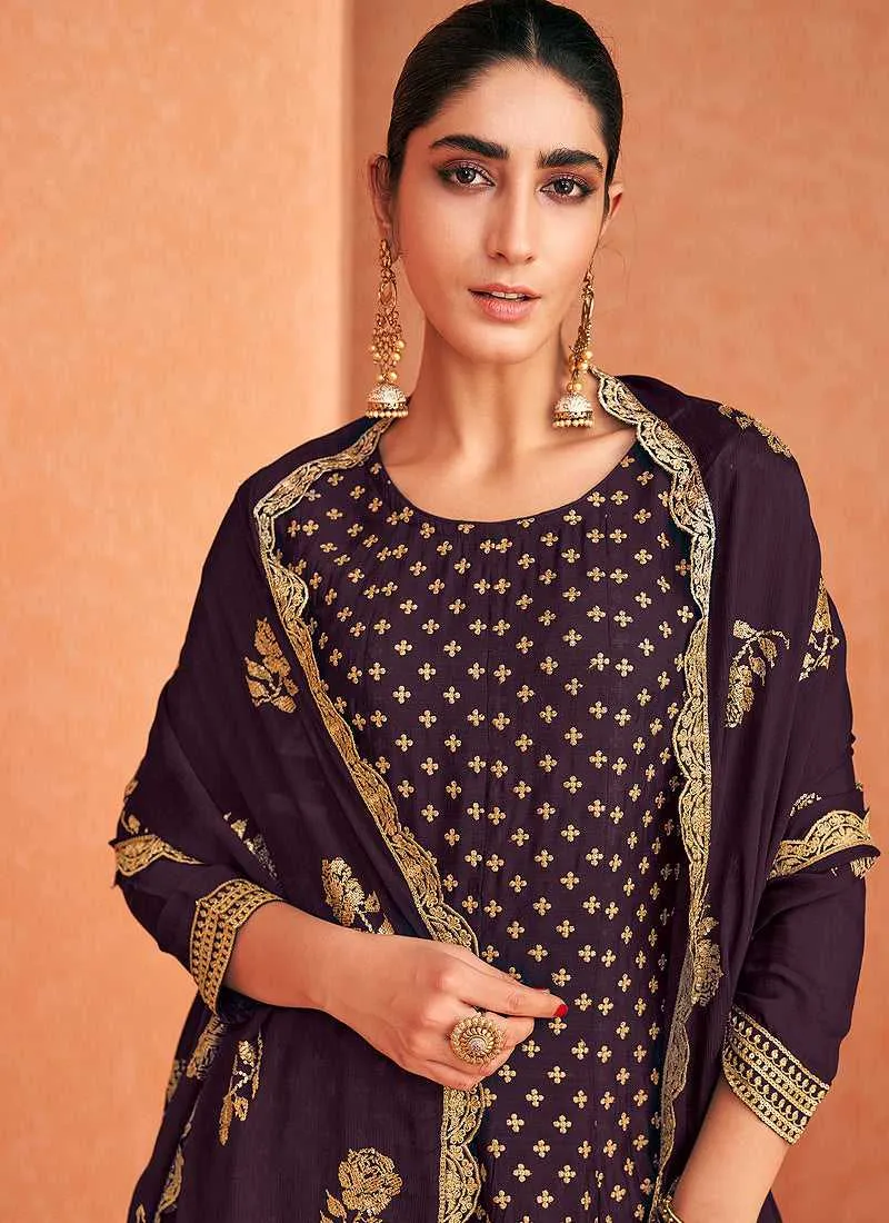 Purple and Gold Embroidered Sharara Style Suit