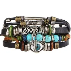 "Float" Feather Charm with Eye and Silver Beads Leather Bracelet