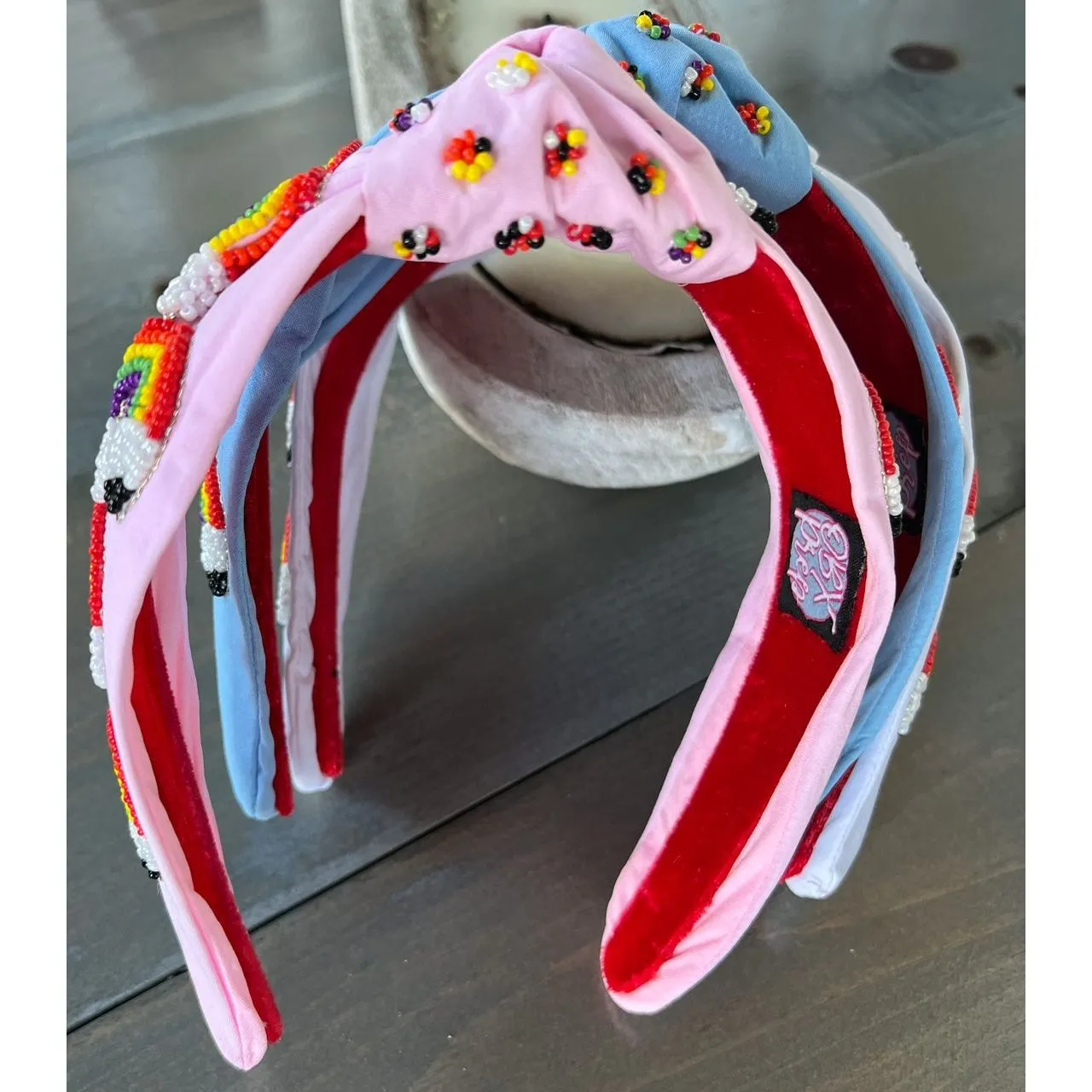 Rainbow Pencil Teachers Seed Beaded Hearts Top Knot Headband