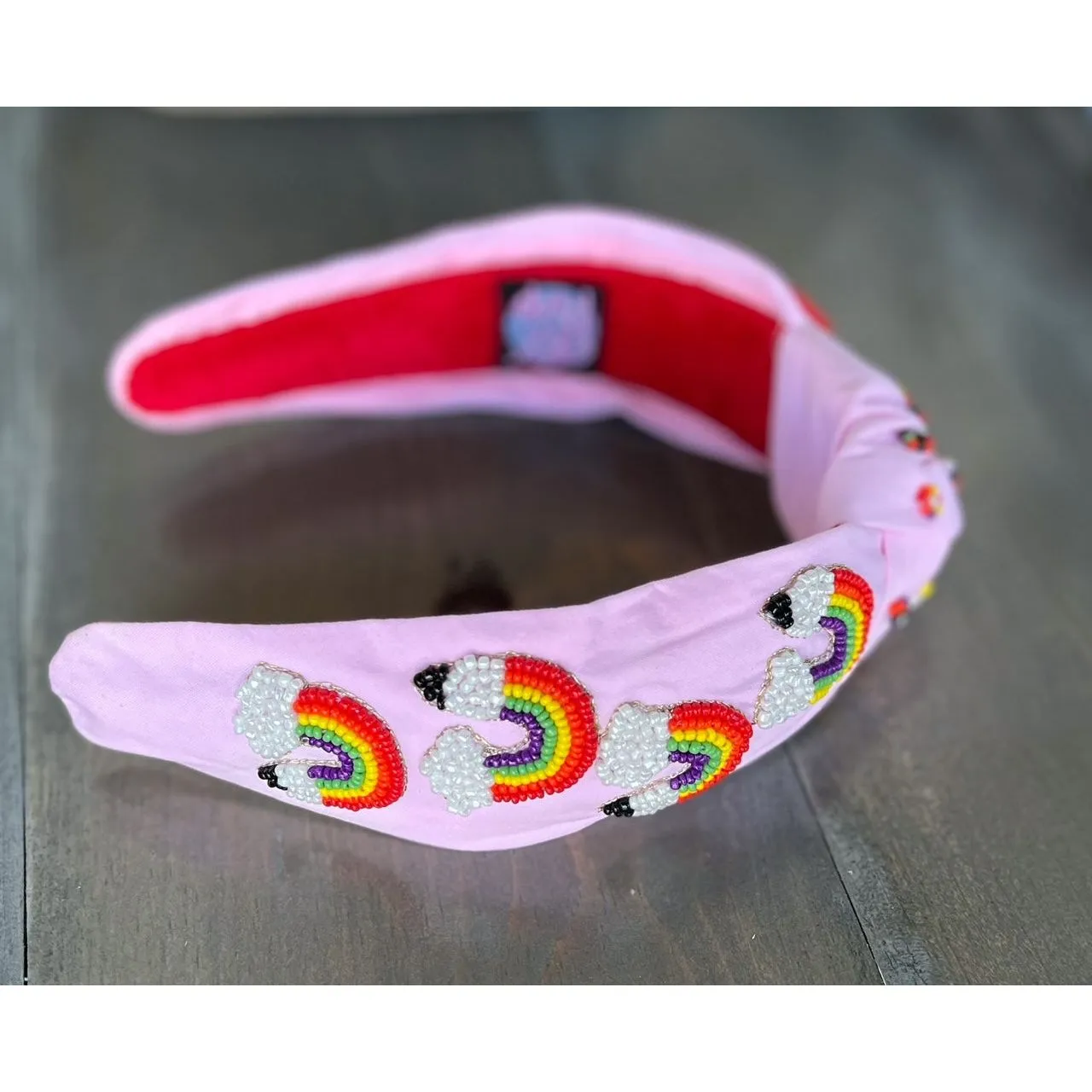 Rainbow Pencil Teachers Seed Beaded Hearts Top Knot Headband