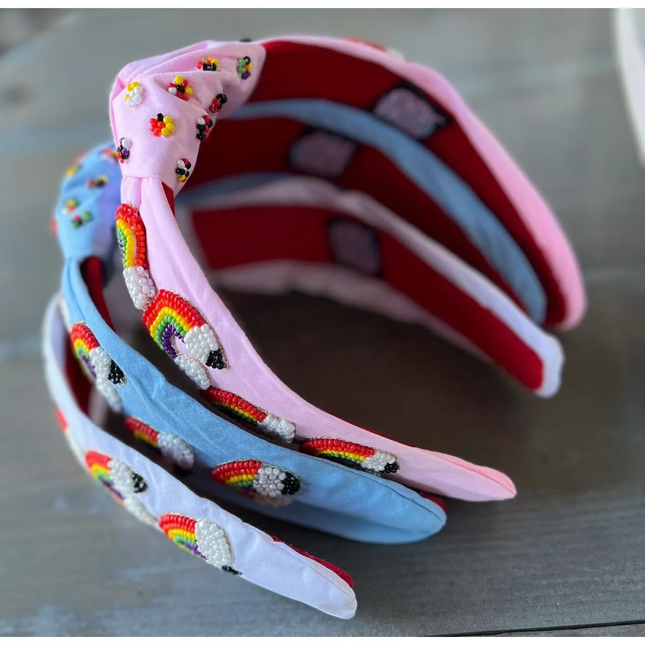 Rainbow Pencil Teachers Seed Beaded Hearts Top Knot Headband