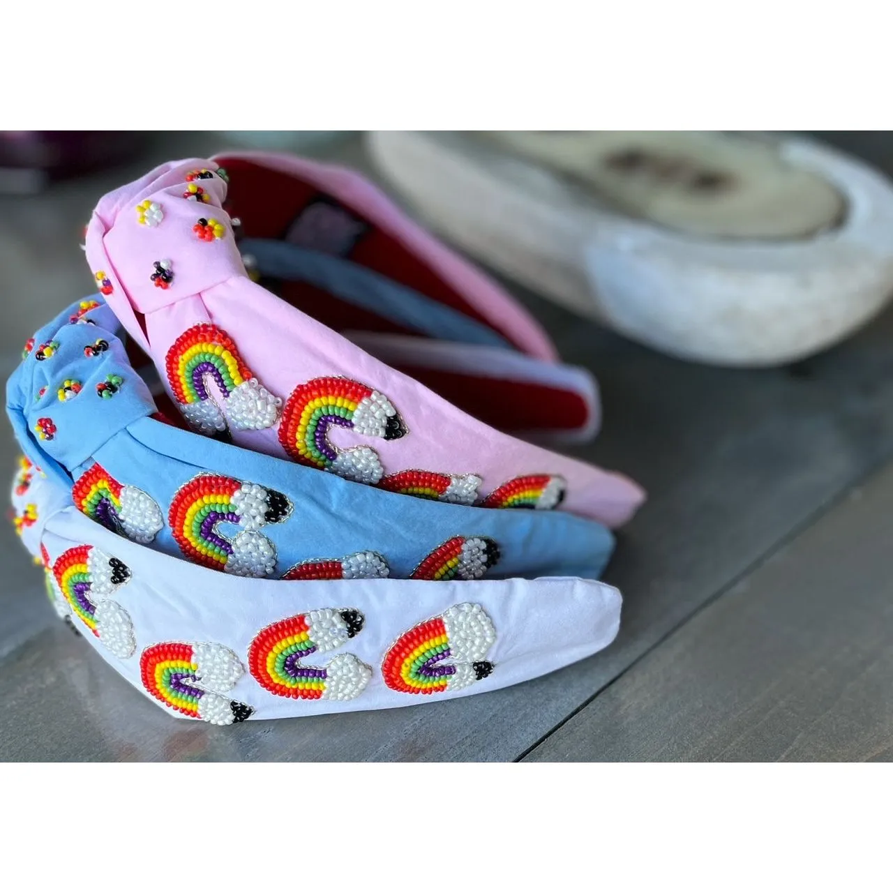 Rainbow Pencil Teachers Seed Beaded Hearts Top Knot Headband