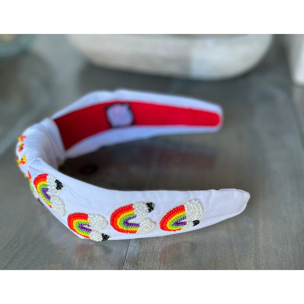 Rainbow Pencil Teachers Seed Beaded Hearts Top Knot Headband