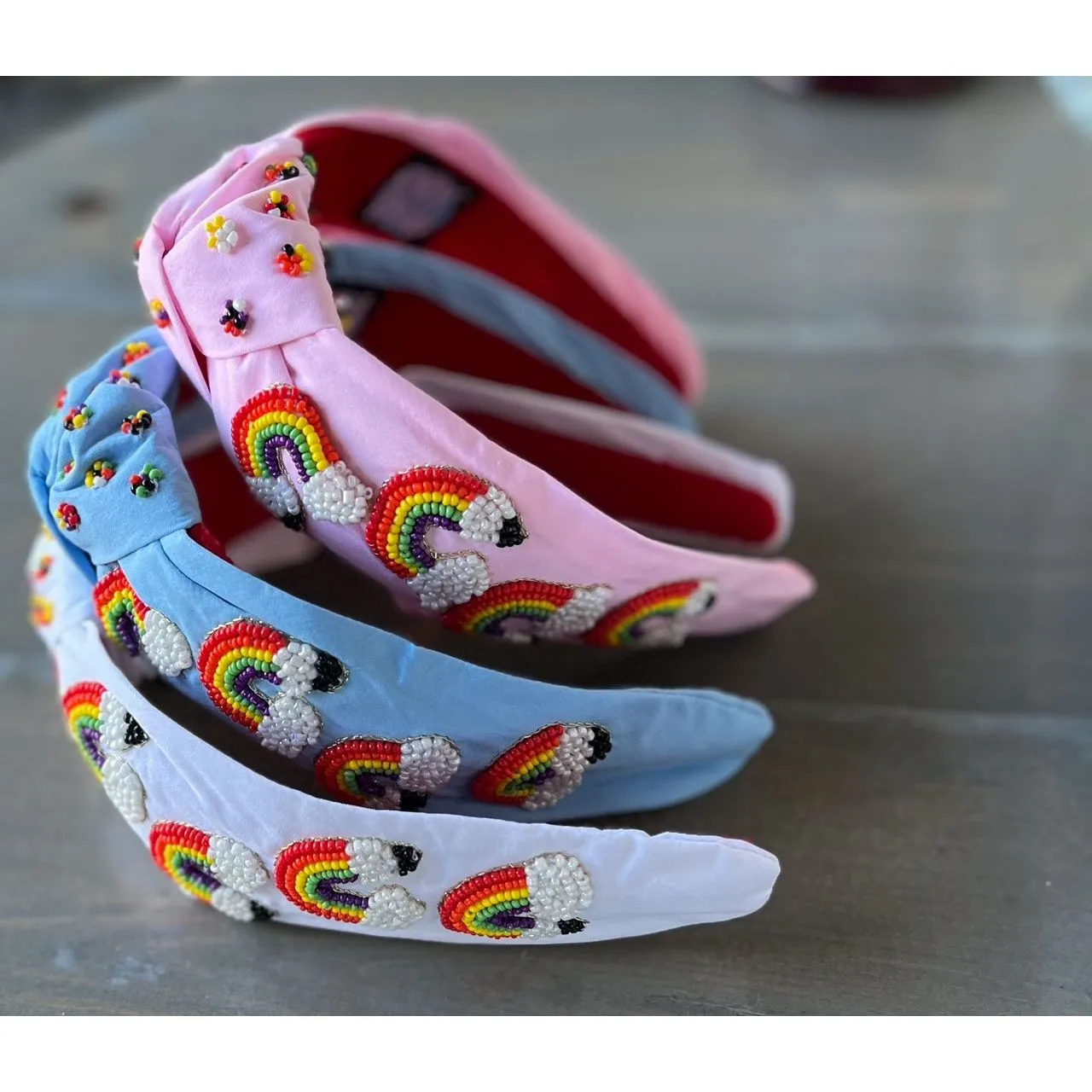 Rainbow Pencil Teachers Seed Beaded Hearts Top Knot Headband