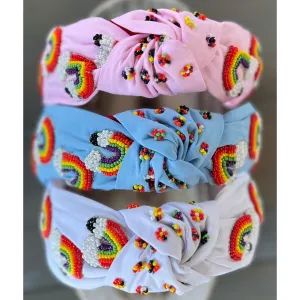 Rainbow Pencil Teachers Seed Beaded Hearts Top Knot Headband