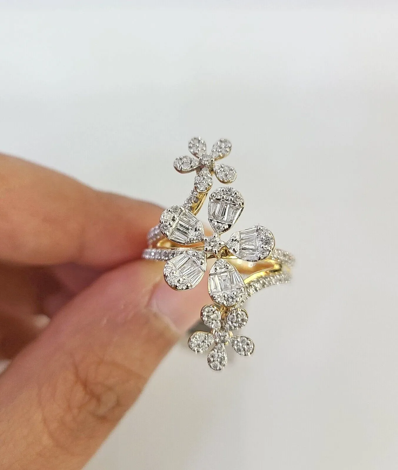 Real 10k Flowers Diamond Ladies Ring Women Casual 10Kt Yellow Gold
