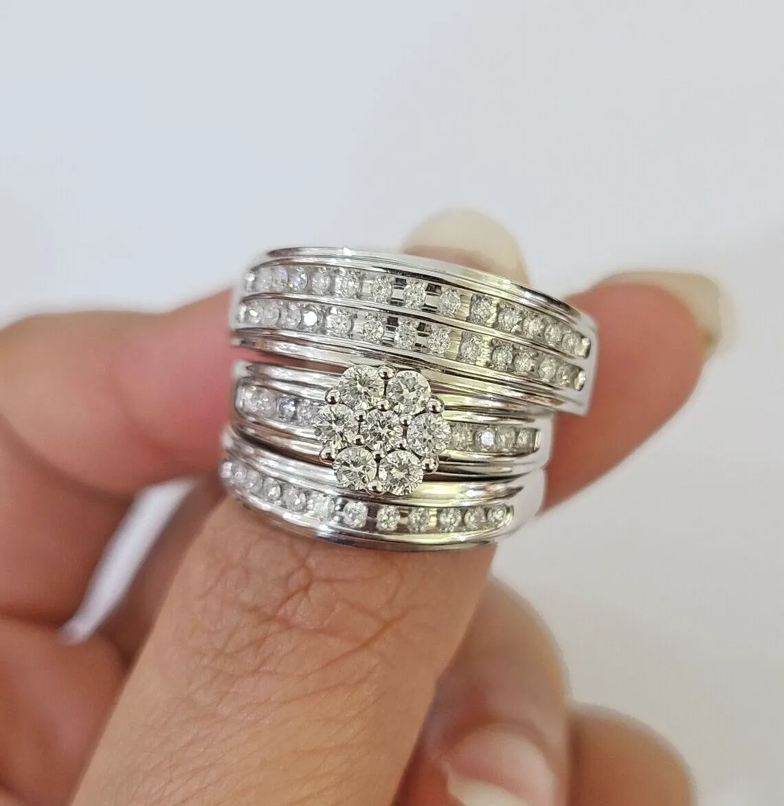 REAL 14k White Gold Diamond Ring Ladies Men Trio SET Wedding Engagement Genuine