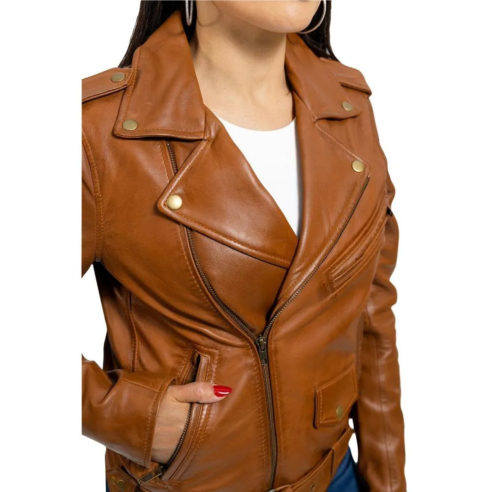 Rebel - Women's Fashion Lambskin Leather Jacket (Whiskey)