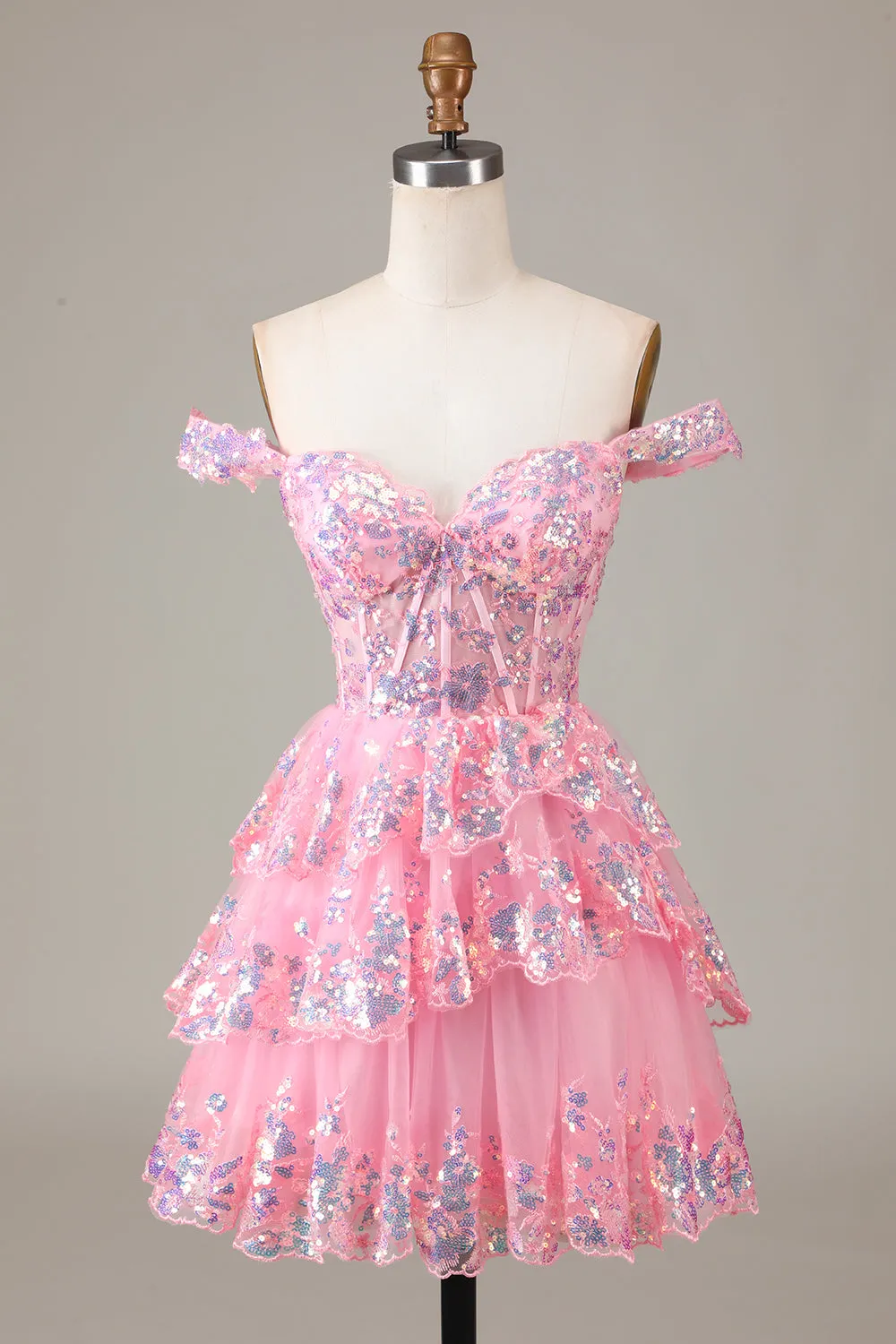 Red A-Line Sparkly Corset Tiered Lace Short Homecoming Dress