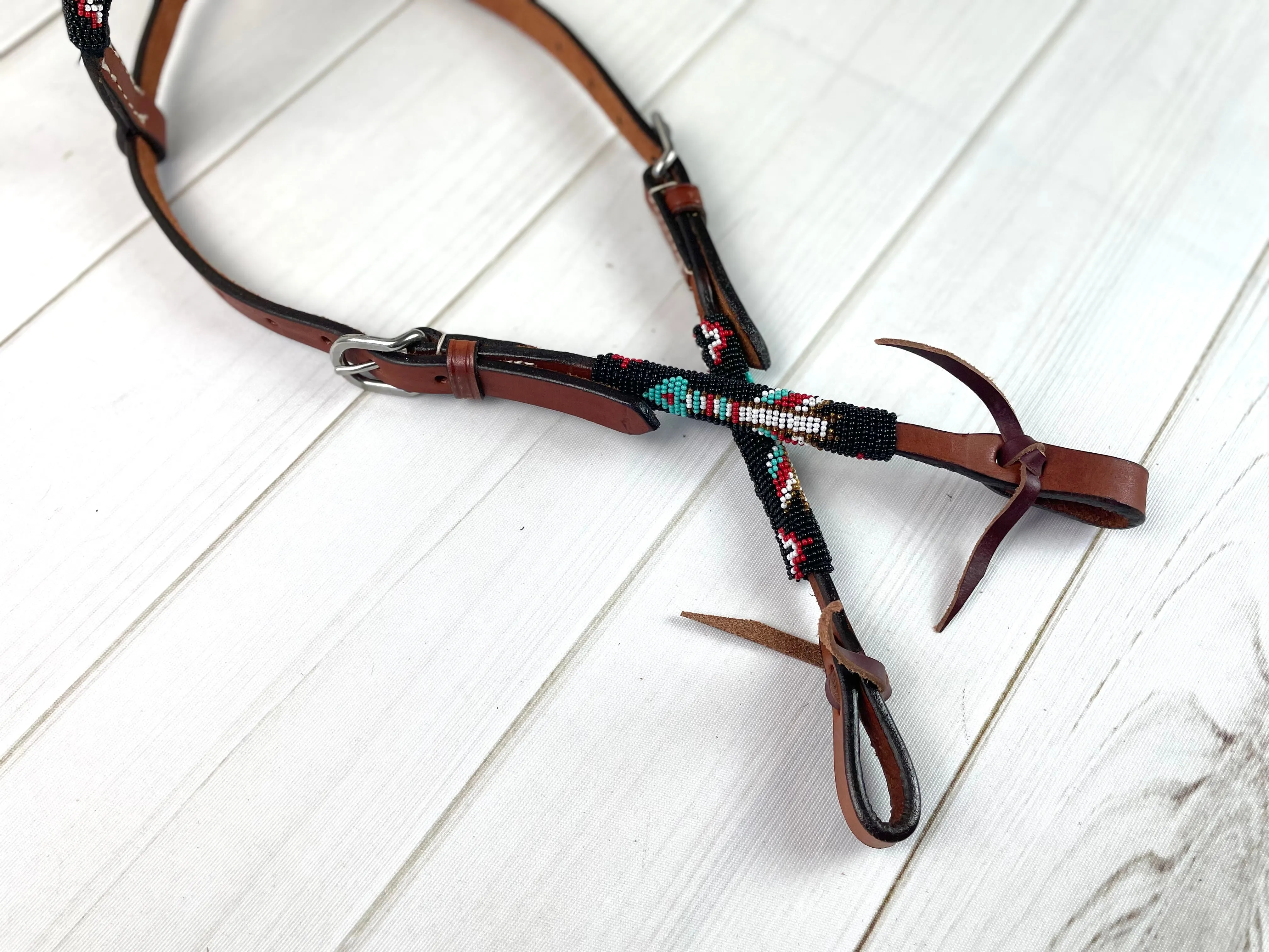 Red Turquoise Arrow Beaded One Ear Leather Headstall