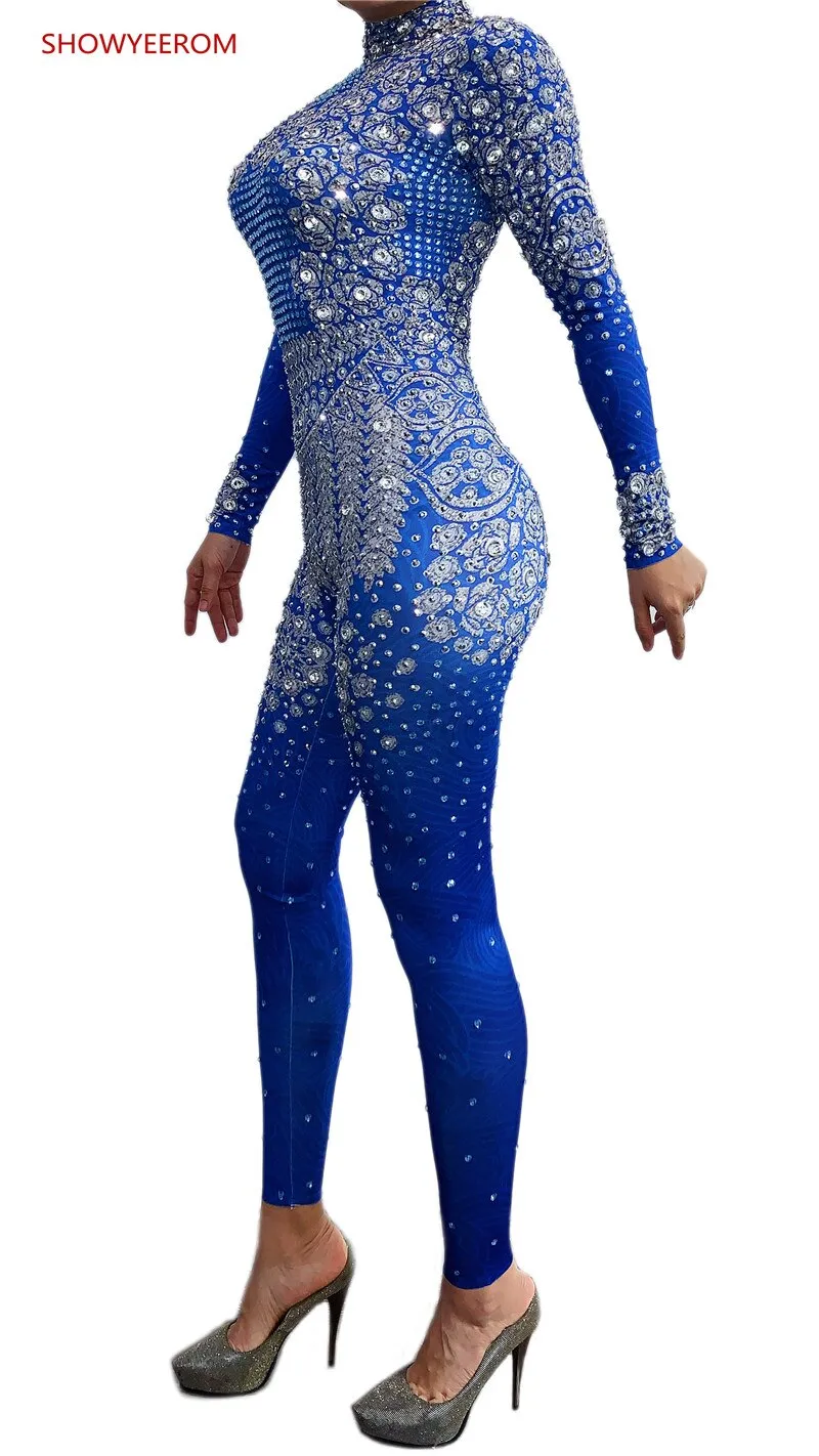 Rhinestones Jumpsuit long Sleeves Stretch Sexy Bodysuit