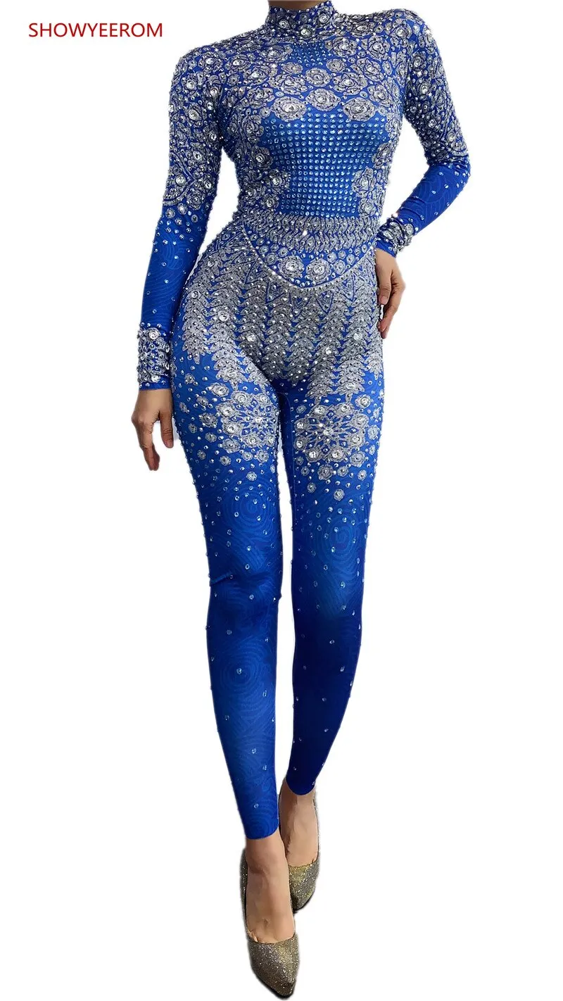 Rhinestones Jumpsuit long Sleeves Stretch Sexy Bodysuit