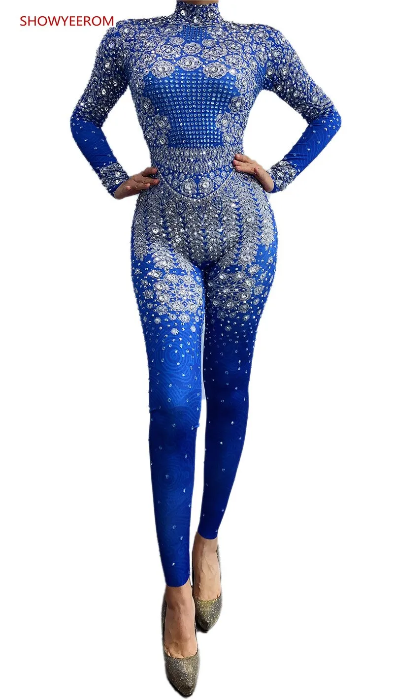 Rhinestones Jumpsuit long Sleeves Stretch Sexy Bodysuit