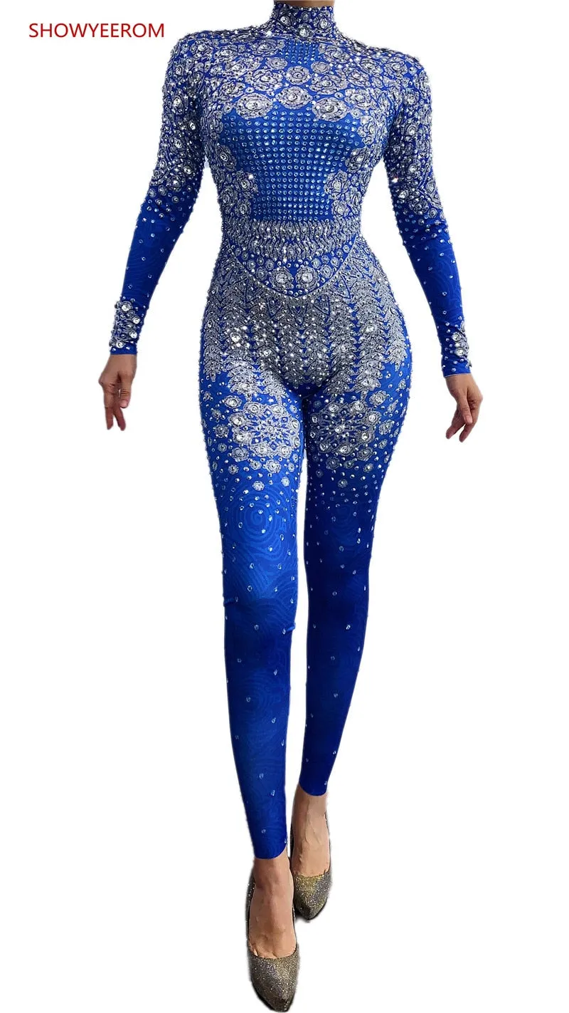 Rhinestones Jumpsuit long Sleeves Stretch Sexy Bodysuit