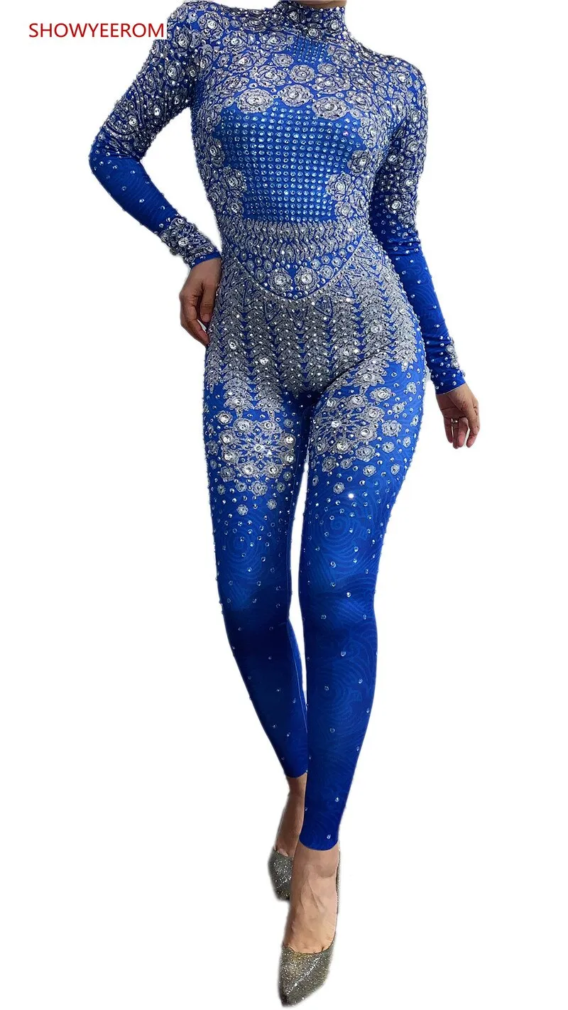 Rhinestones Jumpsuit long Sleeves Stretch Sexy Bodysuit